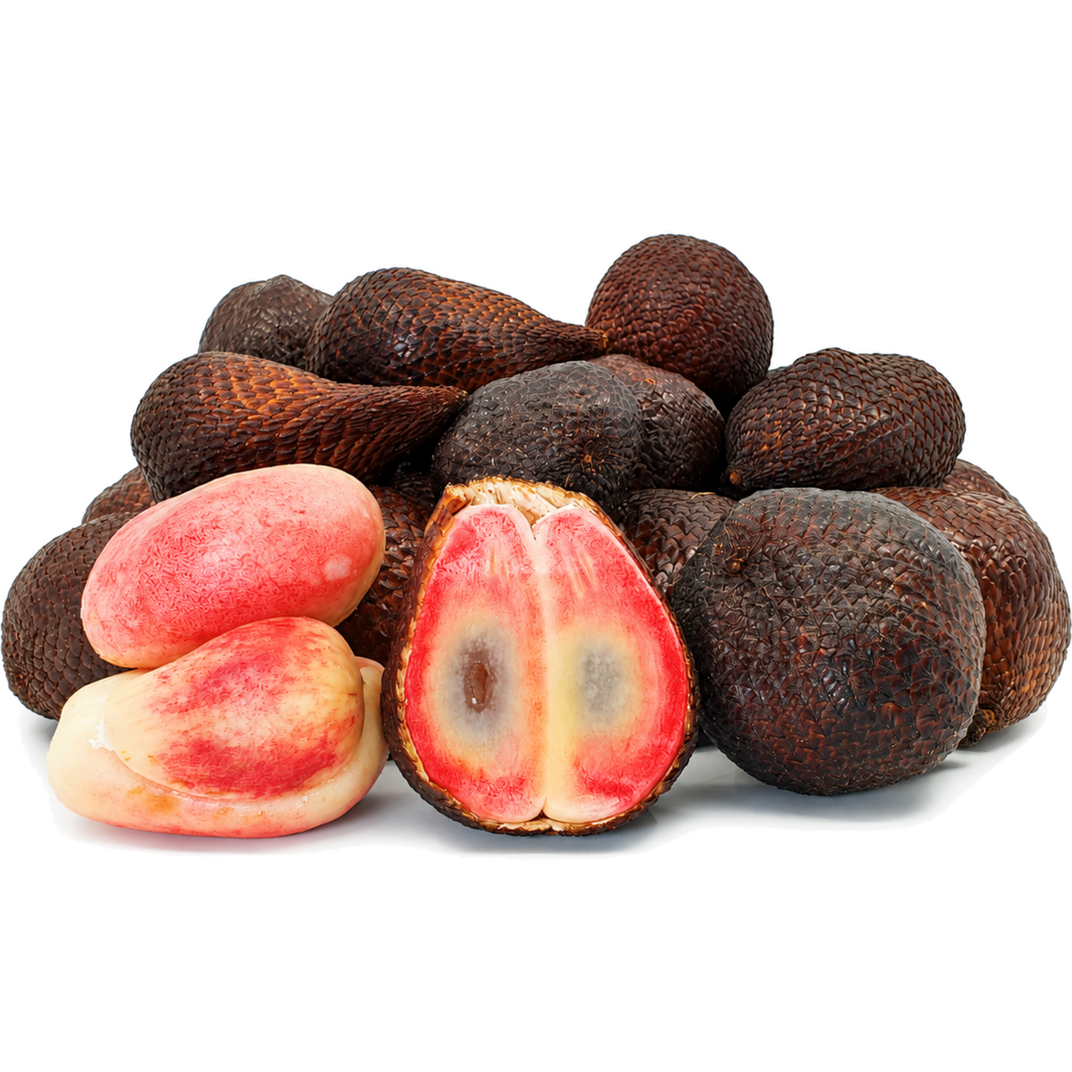 Red Sidempuan snakefruit with scaly brown skin and cut red-and-cream flesh on a white background