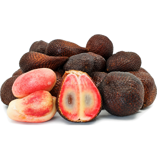 Red Sidempuan snakefruit with scaly brown skin and cut red-and-cream flesh on a white background