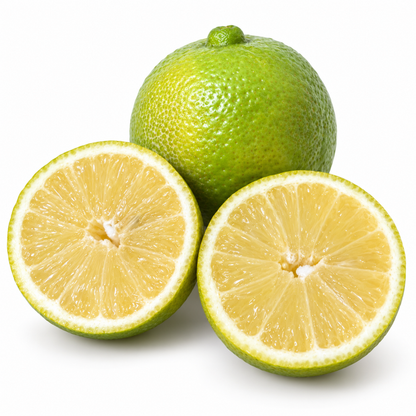 Green Sweet Lemon cut open to show pale yellow flesh