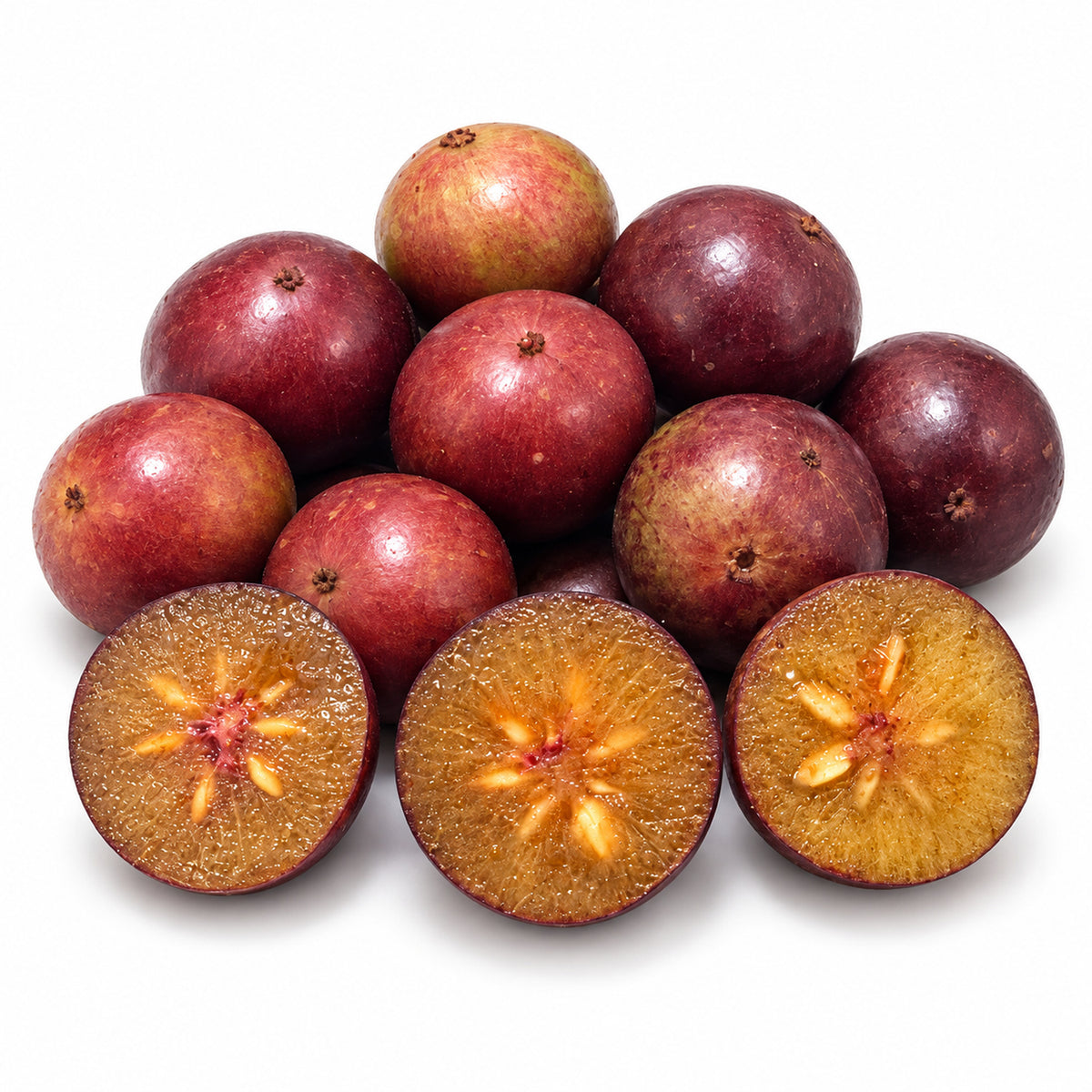 Indian Plum / Coffee Plum cut open to show the flesh on a white background